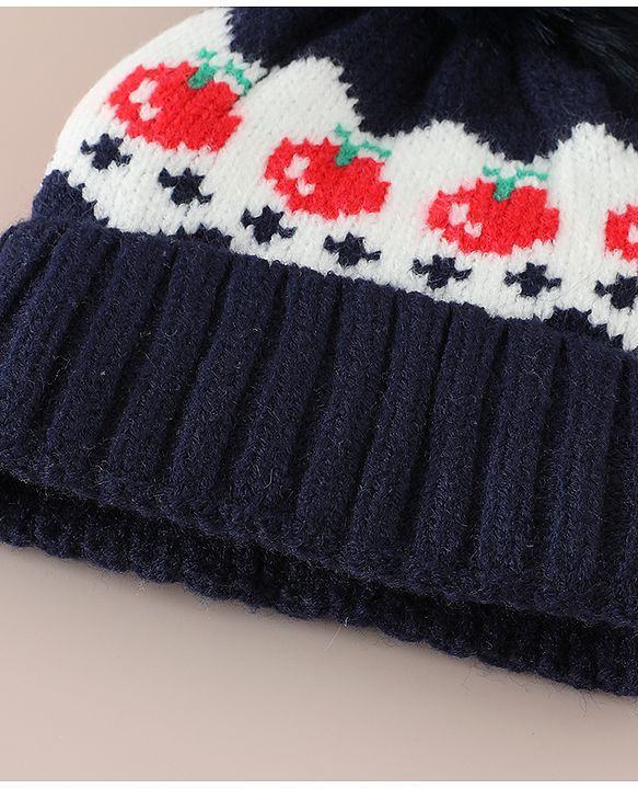 Babyhug Viscose Woollen Cap with Pom Pom & Tomato Print Pink - Diameter 17.5 cm