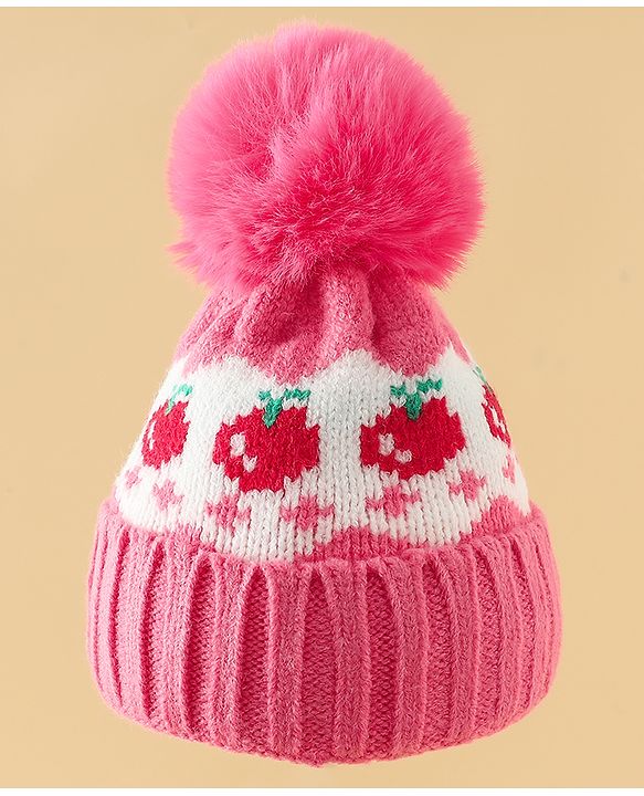 Babyhug Viscose Woollen Cap with Pom Pom & Tomato Print Pink - Diameter 17.5 cm