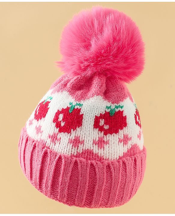 Babyhug Viscose Woollen Cap with Pom Pom & Tomato Print Pink - Diameter 17.5 cm