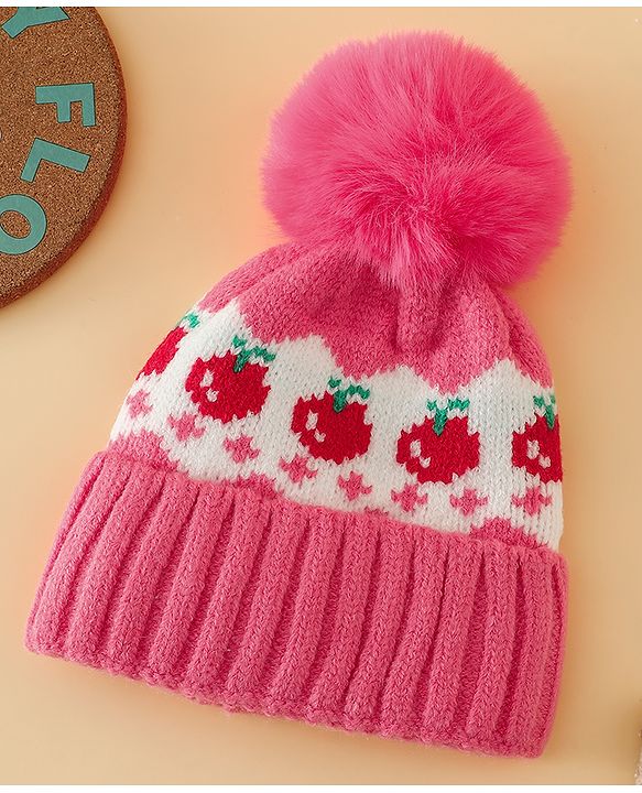 Babyhug Viscose Woollen Cap with Pom Pom & Tomato Print Pink - Diameter 17.5 cm