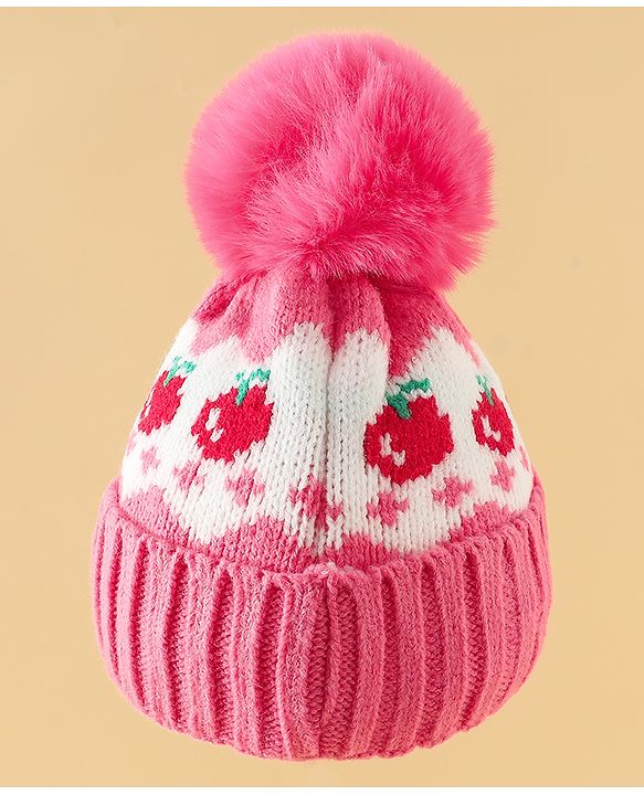 Babyhug Viscose Woollen Cap with Pom Pom & Tomato Print Pink - Diameter 17.5 cm