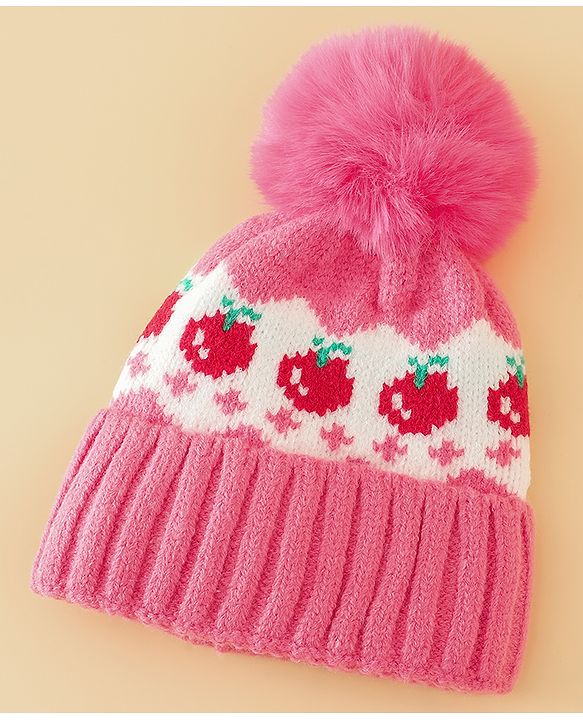Babyhug Viscose Woollen Cap with Pom Pom & Tomato Print Pink - Diameter 17.5 cm