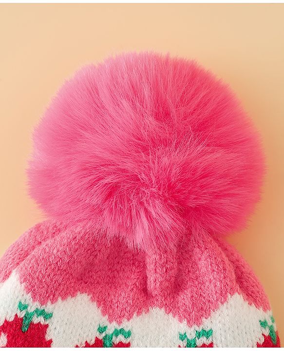 Babyhug Viscose Woollen Cap with Pom Pom & Tomato Print Pink - Diameter 17.5 cm
