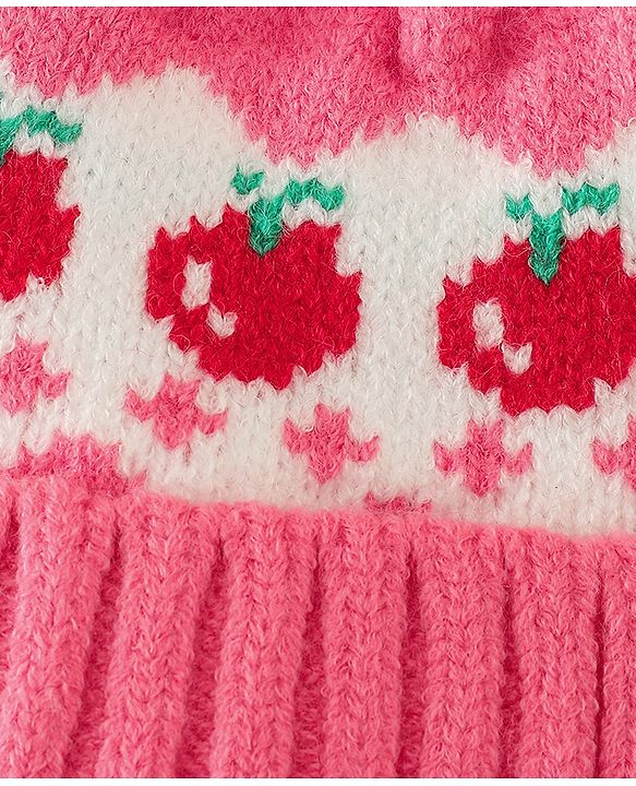 Babyhug Viscose Woollen Cap with Pom Pom & Tomato Print Pink - Diameter 17.5 cm