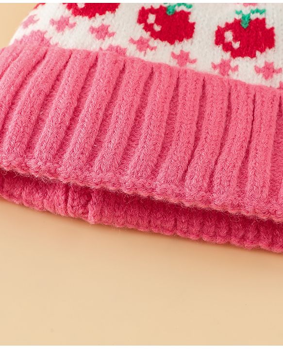 Babyhug Viscose Woollen Cap with Pom Pom & Tomato Print Pink - Diameter 17.5 cm