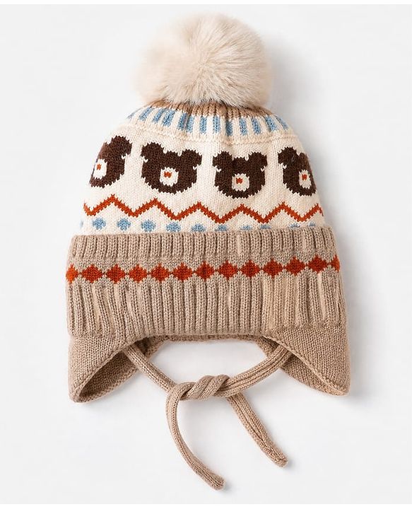 Babyhug Viscose Woollen Cap with Knot, Ear & Pom Pom and Bear Design Khaki - Diameter 20 cm