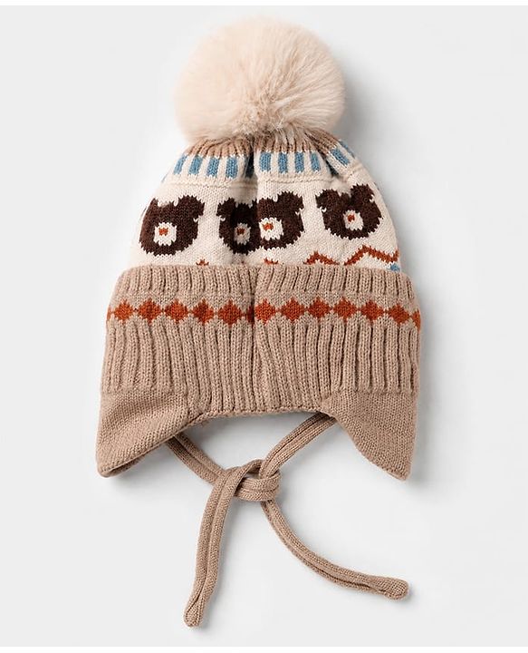 Babyhug Viscose Woollen Cap with Knot, Ear & Pom Pom and Bear Design Khaki - Diameter 20 cm