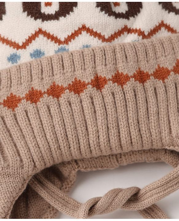 Babyhug Viscose Woollen Cap with Knot, Ear & Pom Pom and Bear Design Khaki - Diameter 20 cm