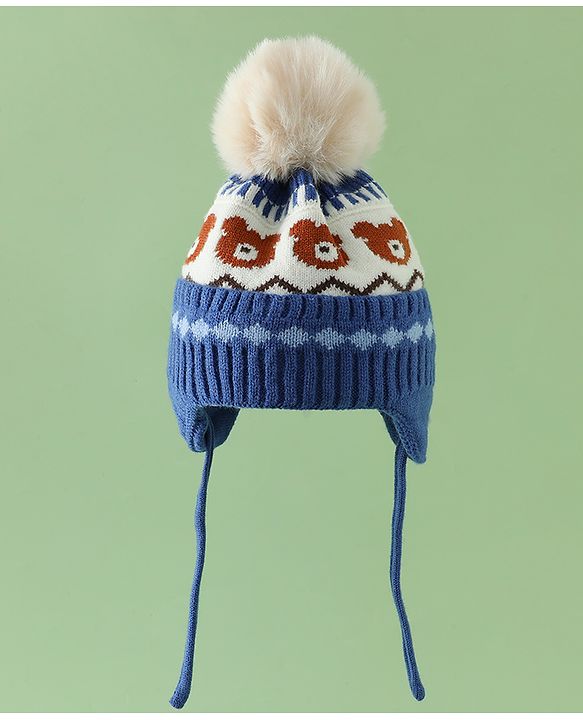Babyhug Viscose Woollen Cap with Knot, Ear & Pom Pom and Bear Design Khaki - Diameter 20 cm