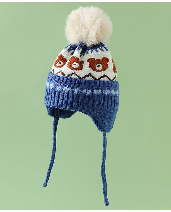 Babyhug Viscose Woollen Cap with Knot, Ear & Pom Pom and Bear Design Khaki - Diameter 20 cm