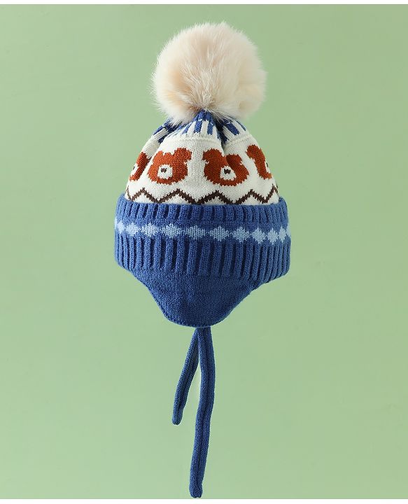 Babyhug Viscose Woollen Cap with Knot, Ear & Pom Pom and Bear Design Khaki - Diameter 20 cm