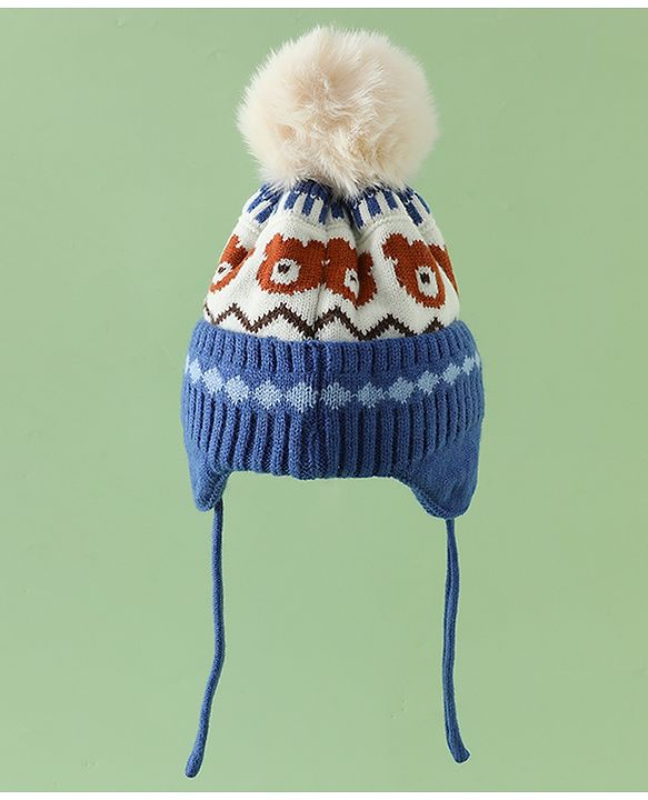Babyhug Viscose Woollen Cap with Knot, Ear & Pom Pom and Bear Design Khaki - Diameter 20 cm
