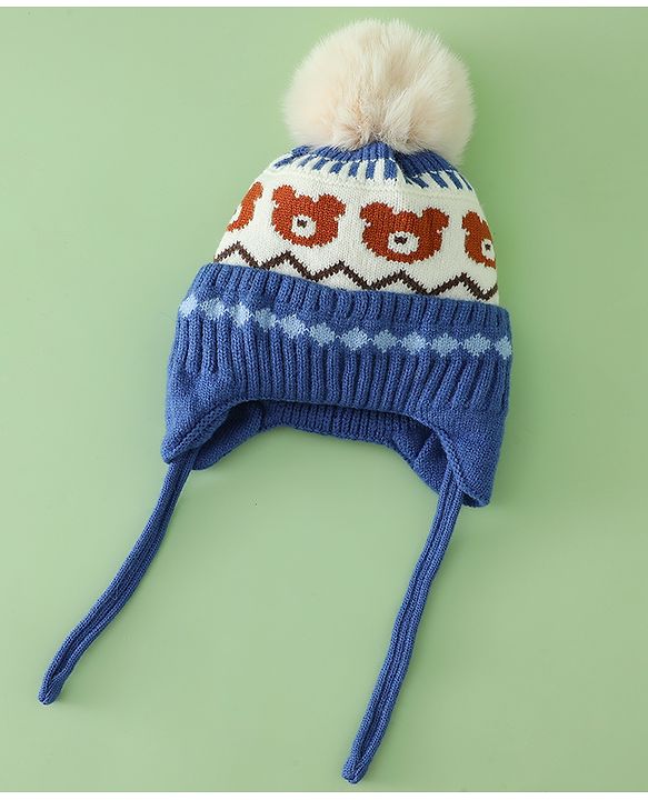 Babyhug Viscose Woollen Cap with Knot, Ear & Pom Pom and Bear Design Khaki - Diameter 20 cm