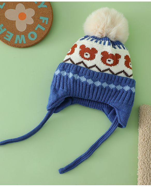 Babyhug Viscose Woollen Cap with Knot, Ear & Pom Pom and Bear Design Khaki - Diameter 20 cm