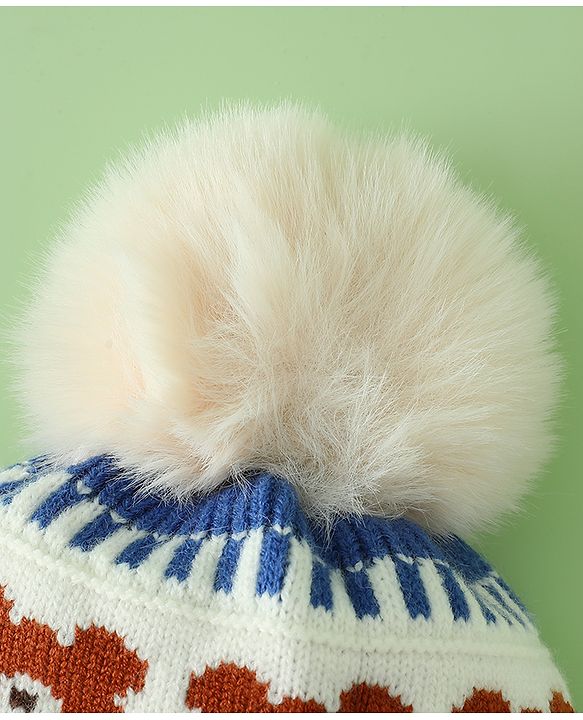Babyhug Viscose Woollen Cap with Knot, Ear & Pom Pom and Bear Design Khaki - Diameter 20 cm