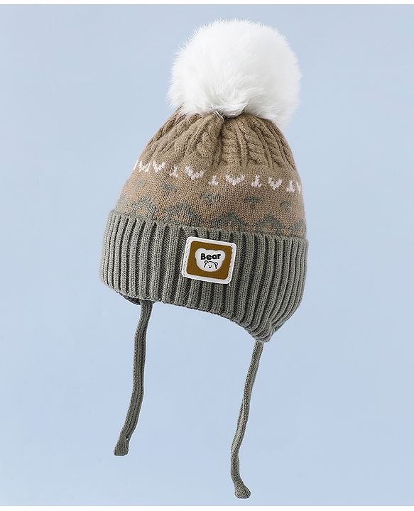 Babyhug Woollen Cap with Ear, Knot & Pom Pom with Bear Applique Olive Green - Diameter 18 cm