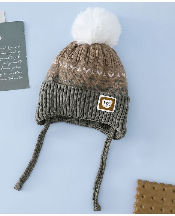 Babyhug Woollen Cap with Ear, Knot & Pom Pom with Bear Applique Olive Green - Diameter 18 cm