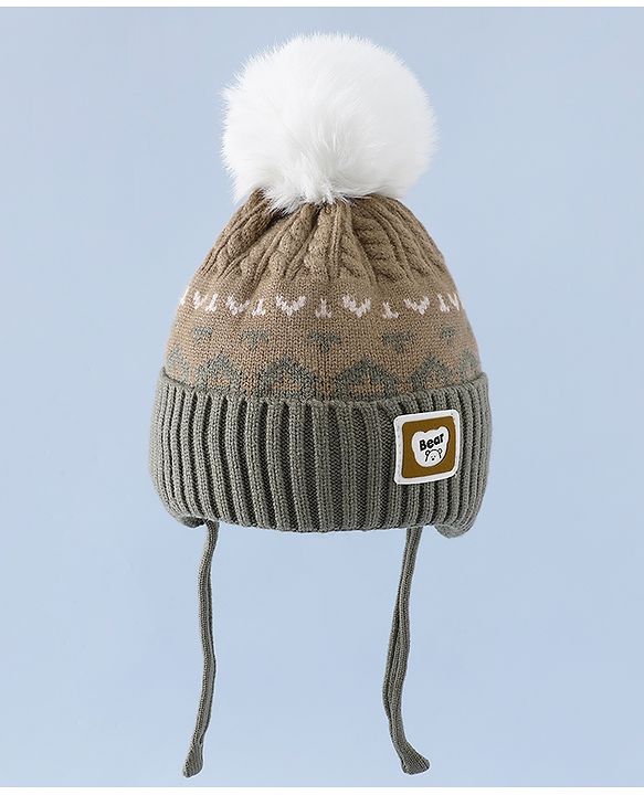 Babyhug Woollen Cap with Ear, Knot & Pom Pom with Bear Applique Olive Green - Diameter 18 cm