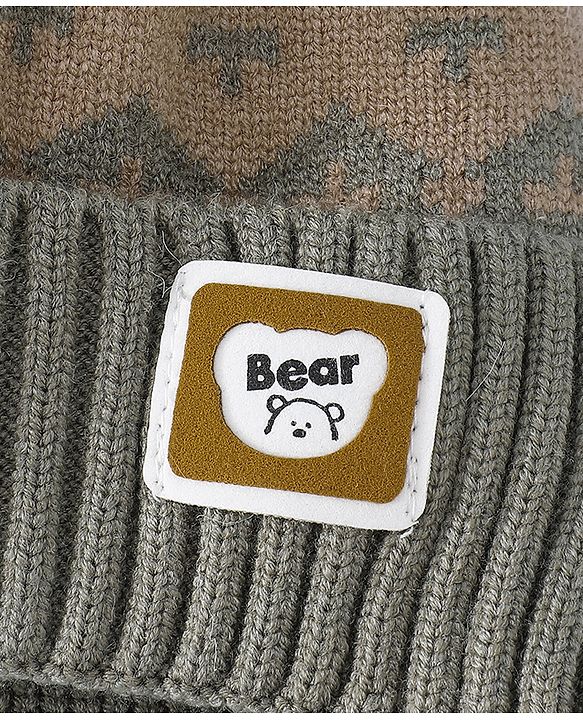 Babyhug Woollen Cap with Ear, Knot & Pom Pom with Bear Applique Olive Green - Diameter 18 cm