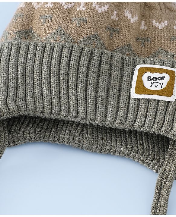 Babyhug Woollen Cap with Ear, Knot & Pom Pom with Bear Applique Olive Green - Diameter 18 cm