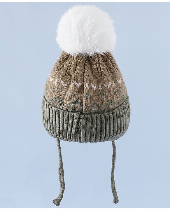 Babyhug Woollen Cap with Ear, Knot & Pom Pom with Bear Applique Olive Green - Diameter 18 cm
