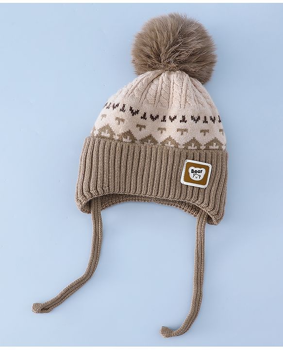 Babyhug Woollen Cap with Ear, Knot & Pom Pom with Bear Applique Olive Green - Diameter 18 cm