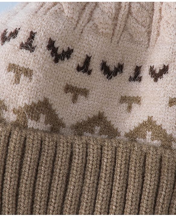 Babyhug Woollen Cap with Ear, Knot & Pom Pom with Bear Applique Olive Green - Diameter 18 cm