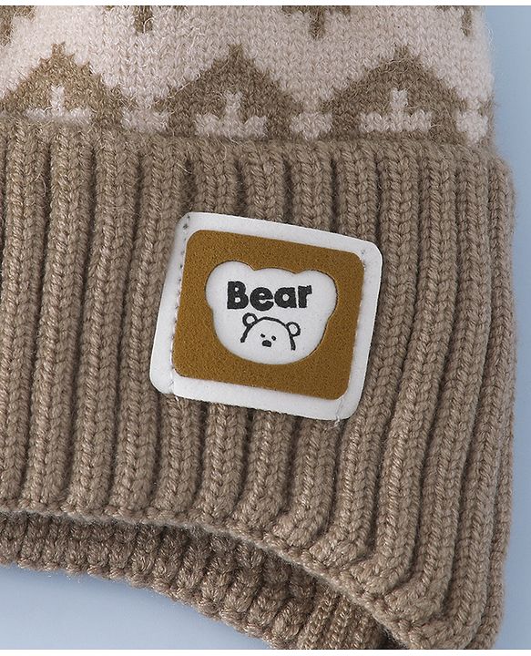 Babyhug Woollen Cap with Ear, Knot & Pom Pom with Bear Applique Olive Green - Diameter 18 cm