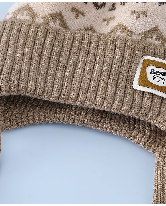 Babyhug Woollen Cap with Ear, Knot & Pom Pom with Bear Applique Olive Green - Diameter 18 cm