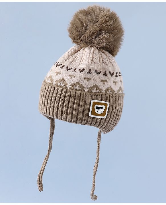 Babyhug Woollen Cap with Ear, Knot & Pom Pom with Bear Applique Olive Green - Diameter 18 cm