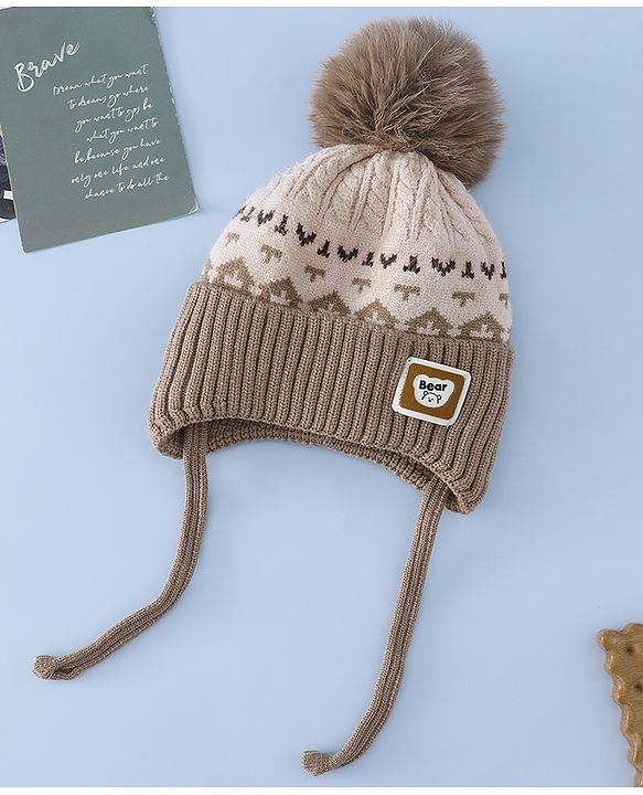 Babyhug Woollen Cap with Ear, Knot & Pom Pom with Bear Applique Olive Green - Diameter 18 cm