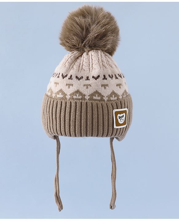 Babyhug Woollen Cap with Ear, Knot & Pom Pom with Bear Applique Olive Green - Diameter 18 cm