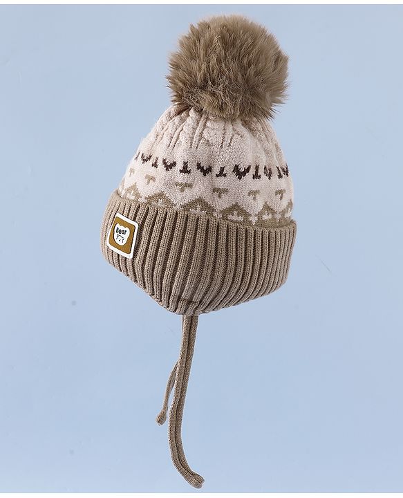 Babyhug Woollen Cap with Ear, Knot & Pom Pom with Bear Applique Olive Green - Diameter 18 cm
