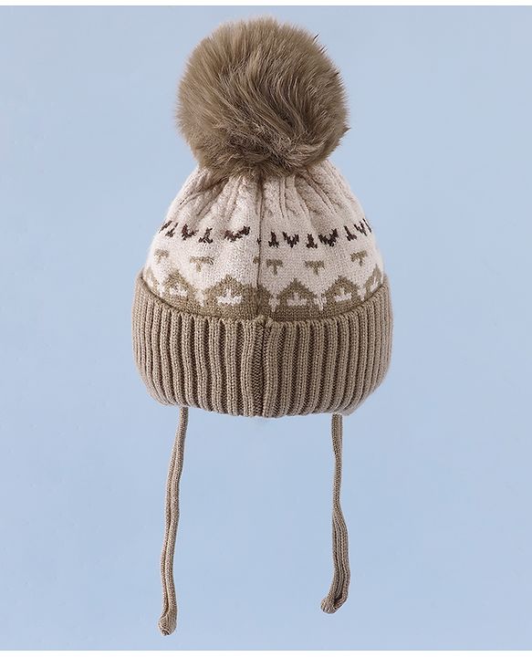 Babyhug Woollen Cap with Ear, Knot & Pom Pom with Bear Applique Olive Green - Diameter 18 cm