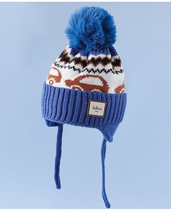 Babyhug Woollen Cap with Pom Pom & Knot with and Vehicle & Geometric Design Blue - Diameter 18.5 cm