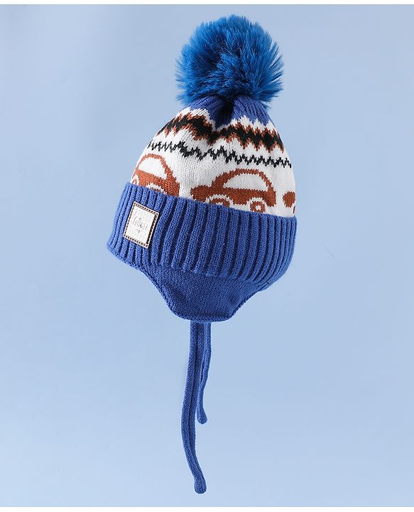 Babyhug Woollen Cap with Pom Pom & Knot with and Vehicle & Geometric Design Blue - Diameter 18.5 cm