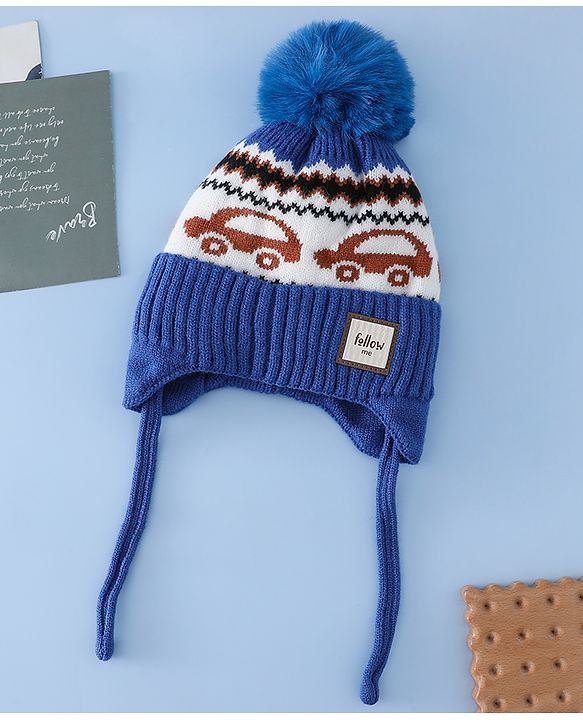 Babyhug Woollen Cap with Pom Pom & Knot with and Vehicle & Geometric Design Blue - Diameter 18.5 cm