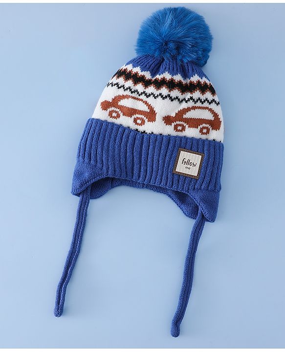 Babyhug Woollen Cap with Pom Pom & Knot with and Vehicle & Geometric Design Blue - Diameter 18.5 cm