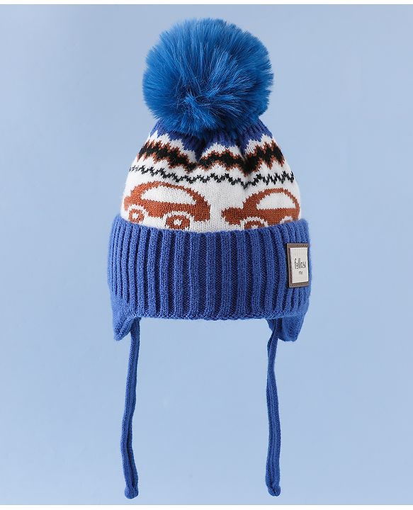 Babyhug Woollen Cap with Pom Pom & Knot with and Vehicle & Geometric Design Blue - Diameter 18.5 cm
