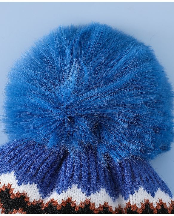 Babyhug Woollen Cap with Pom Pom & Knot with and Vehicle & Geometric Design Blue - Diameter 18.5 cm