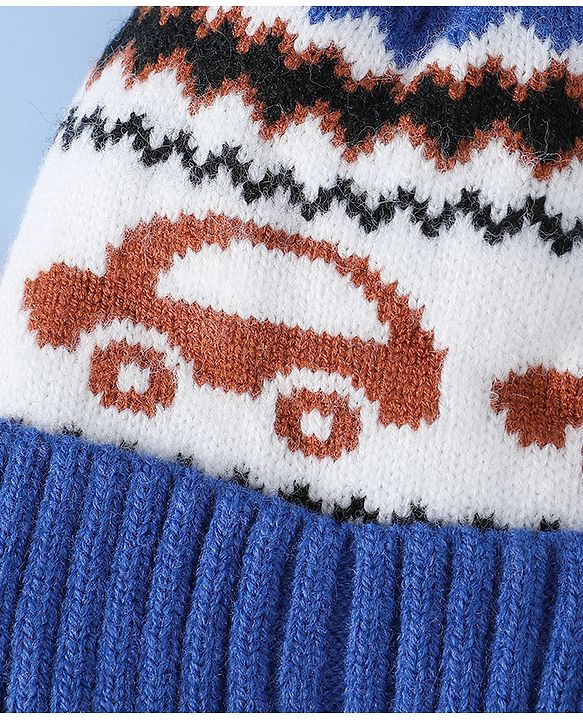 Babyhug Woollen Cap with Pom Pom & Knot with and Vehicle & Geometric Design Blue - Diameter 18.5 cm