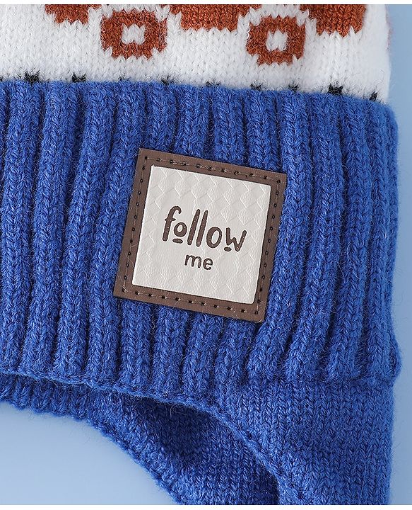 Babyhug Woollen Cap with Pom Pom & Knot with and Vehicle & Geometric Design Blue - Diameter 18.5 cm