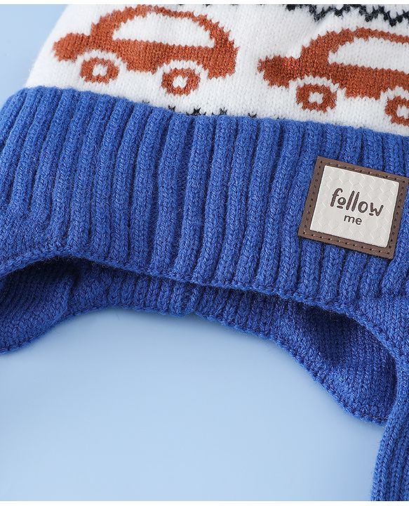 Babyhug Woollen Cap with Pom Pom & Knot with and Vehicle & Geometric Design Blue - Diameter 18.5 cm