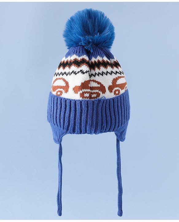 Babyhug Woollen Cap with Pom Pom & Knot with and Vehicle & Geometric Design Blue - Diameter 18.5 cm