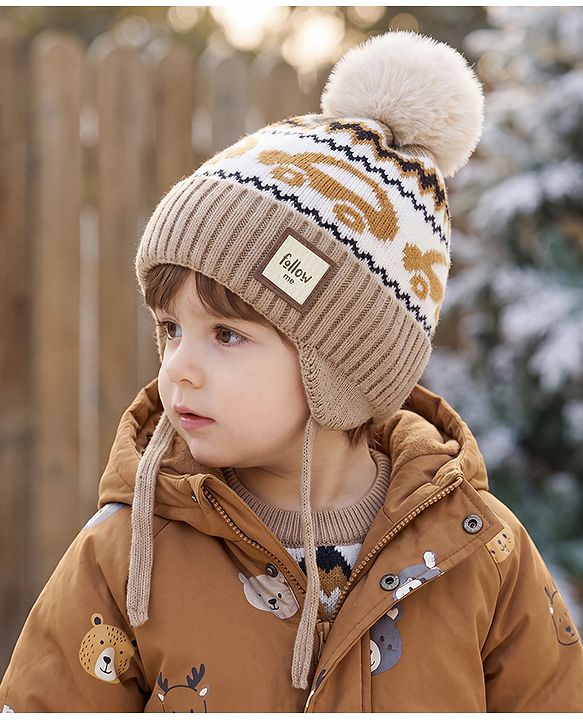 Babyhug Woollen Cap with Pom Pom & Knot with and Vehicle & Geometric Design Blue - Diameter 18.5 cm