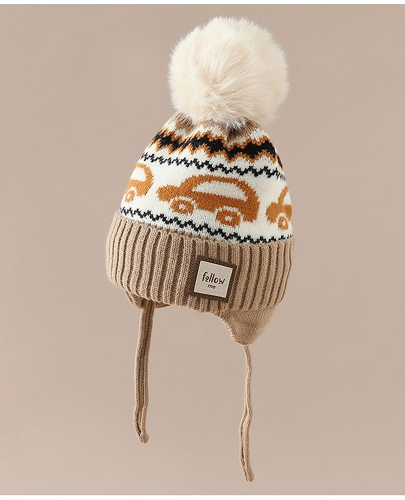 Babyhug Woollen Cap with Pom Pom & Knot with and Vehicle & Geometric Design Blue - Diameter 18.5 cm