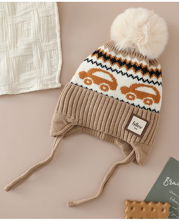 Babyhug Woollen Cap with Pom Pom & Knot with and Vehicle & Geometric Design Blue - Diameter 18.5 cm