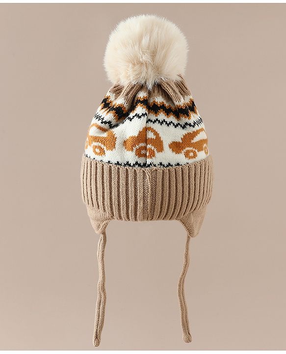 Babyhug Woollen Cap with Pom Pom & Knot with and Vehicle & Geometric Design Blue - Diameter 18.5 cm