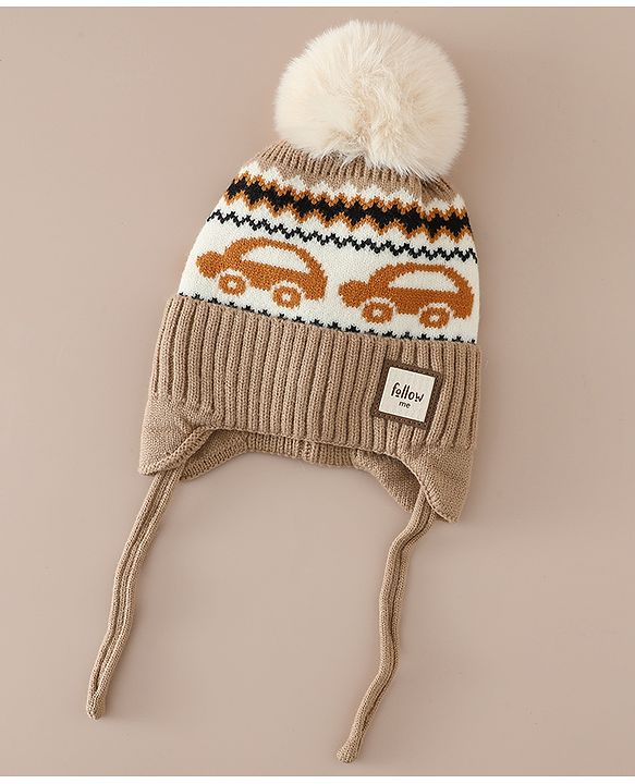 Babyhug Woollen Cap with Pom Pom & Knot with and Vehicle & Geometric Design Blue - Diameter 18.5 cm