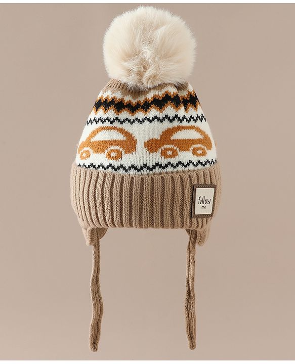 Babyhug Woollen Cap with Pom Pom & Knot with and Vehicle & Geometric Design Blue - Diameter 18.5 cm